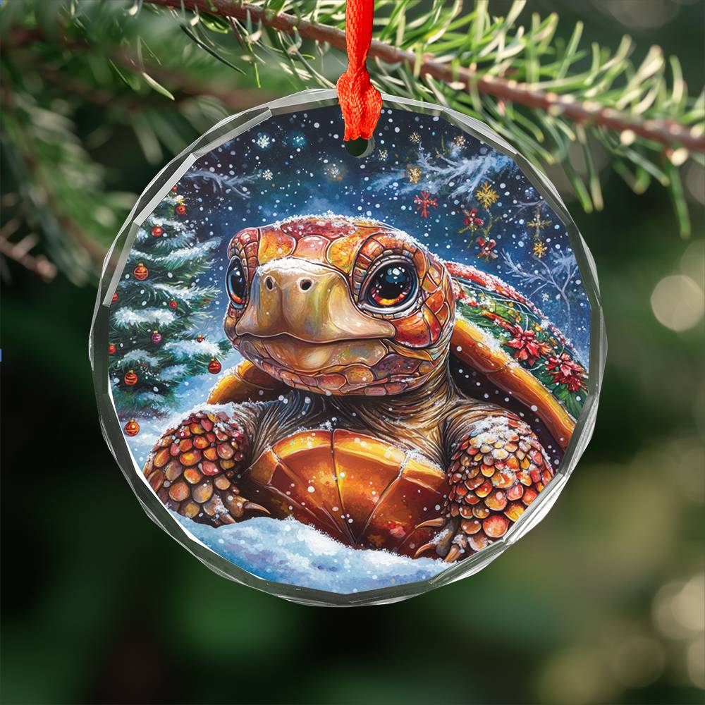 Beautiful Tortoise Christmas Night Design 1 Glass Ornament
