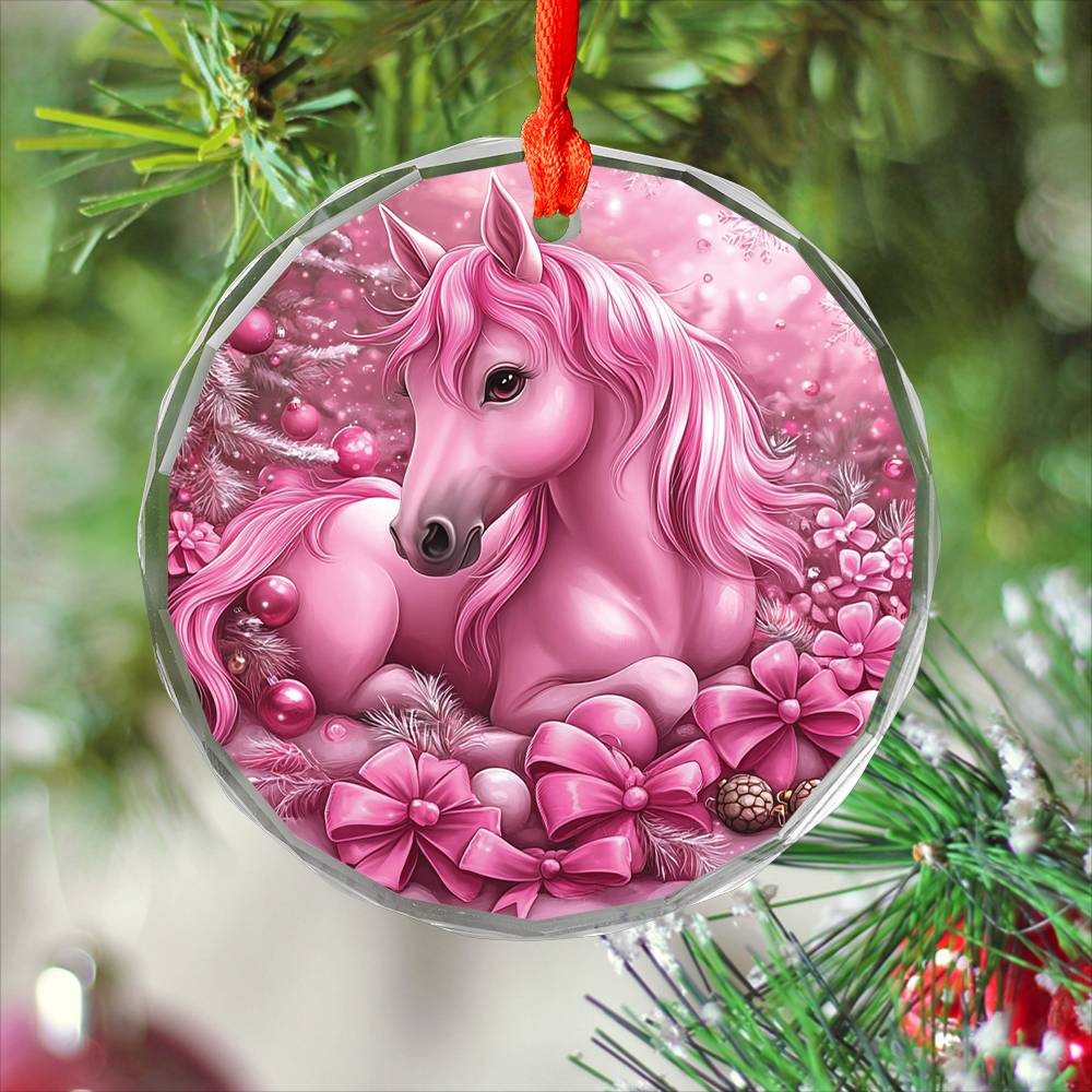 Horse Pink Christmas Design 2 Glass Ornament
