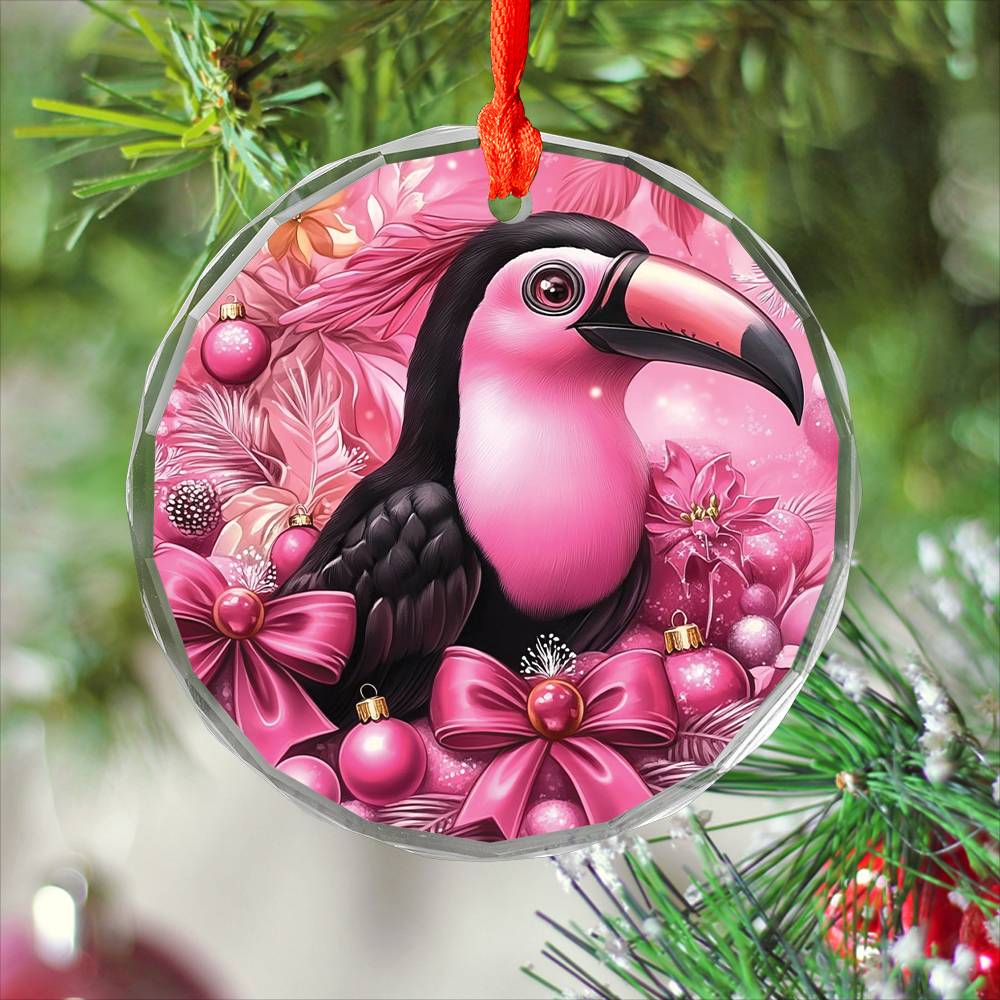 Toucan Pink Christmas Design 1 Glass Ornament
