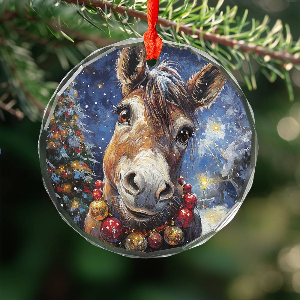 Beautiful Angus Mule Christmas Night Design 1 Glass Ornament