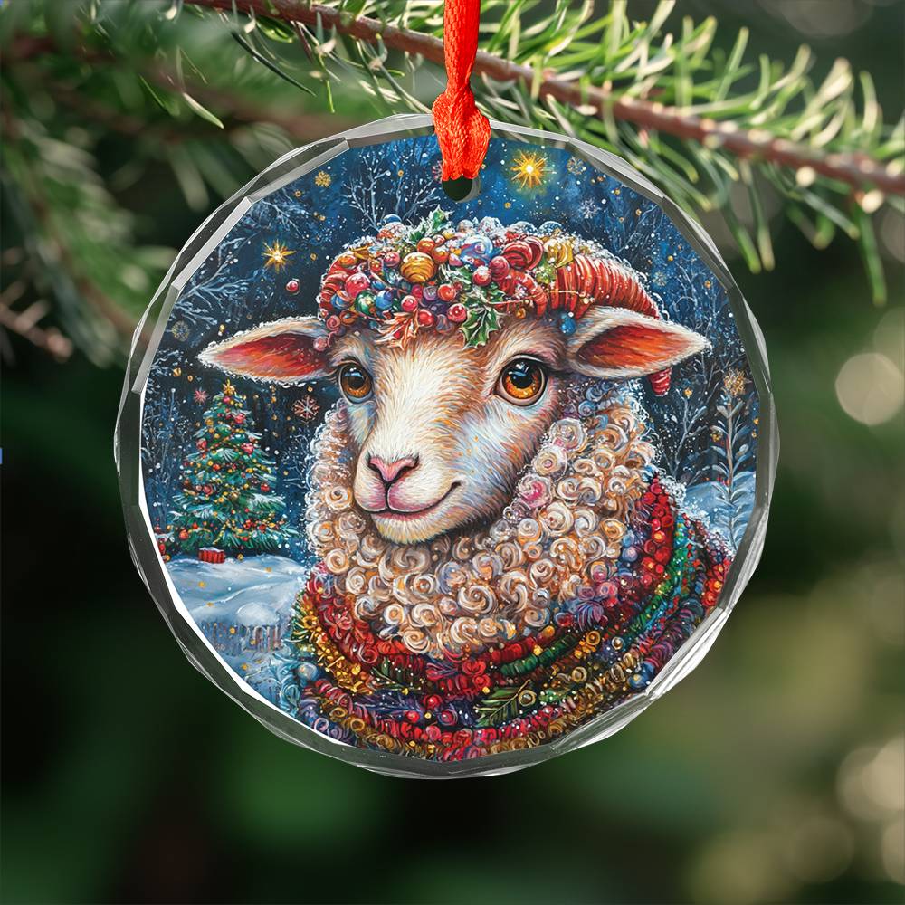 Beautiful Sheep Christmas Night Design 3 Glass Ornament