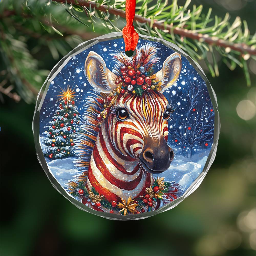 Beautiful Zebra Christmas Night Design 3 Glass Ornament
