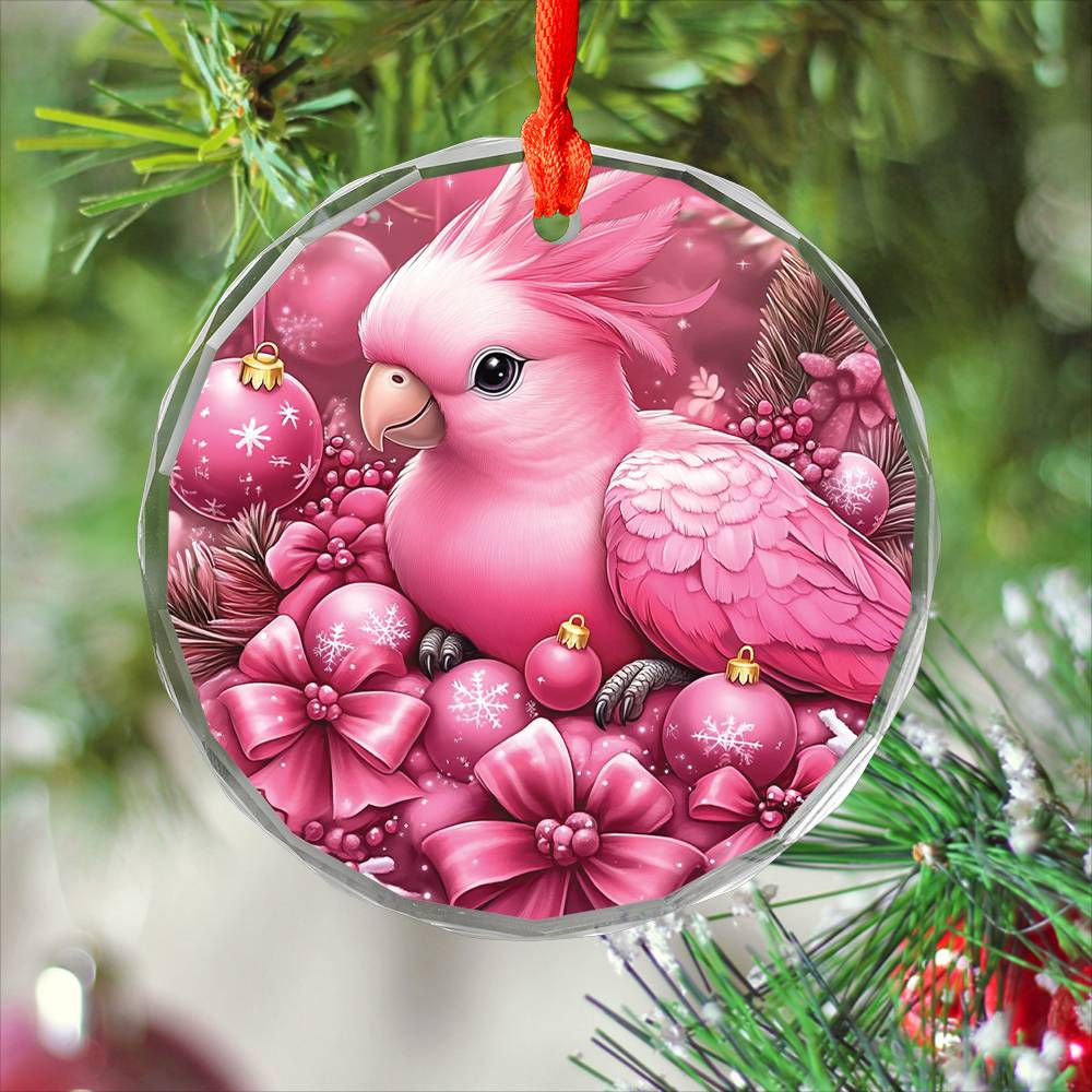 Parrot Pink Christmas Design 4 Glass Ornament