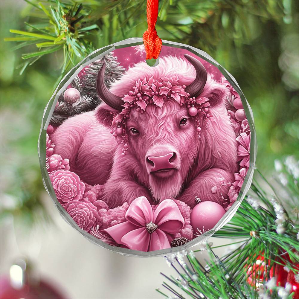 Bison Pink Christmas Design 3 Glass Ornament
