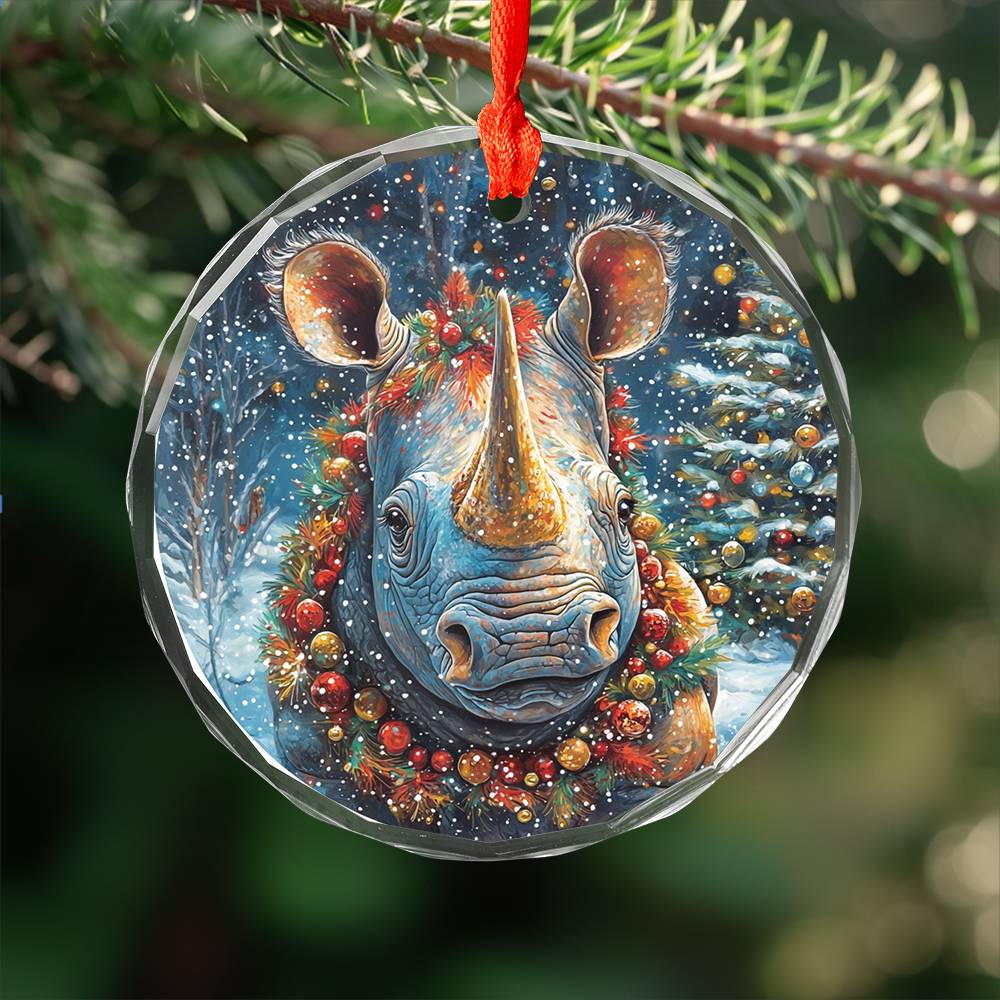 Beautiful Rhino Christmas Night Design 4 Glass Ornament