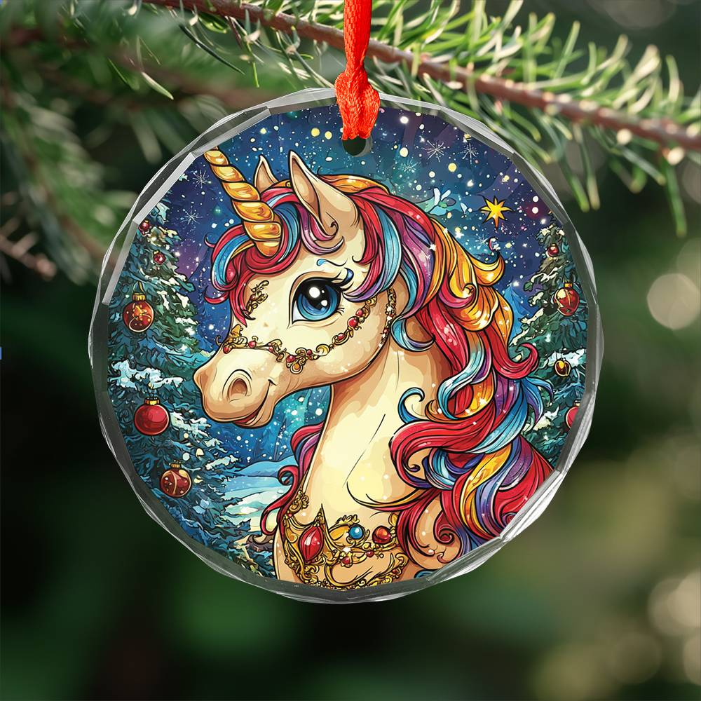 Beautiful Angus Unicorn Christmas Night Design 4 Glass Ornament