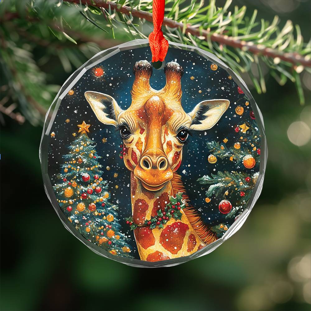 Beautiful Giraffe Christmas Night Design 2 Glass Ornament