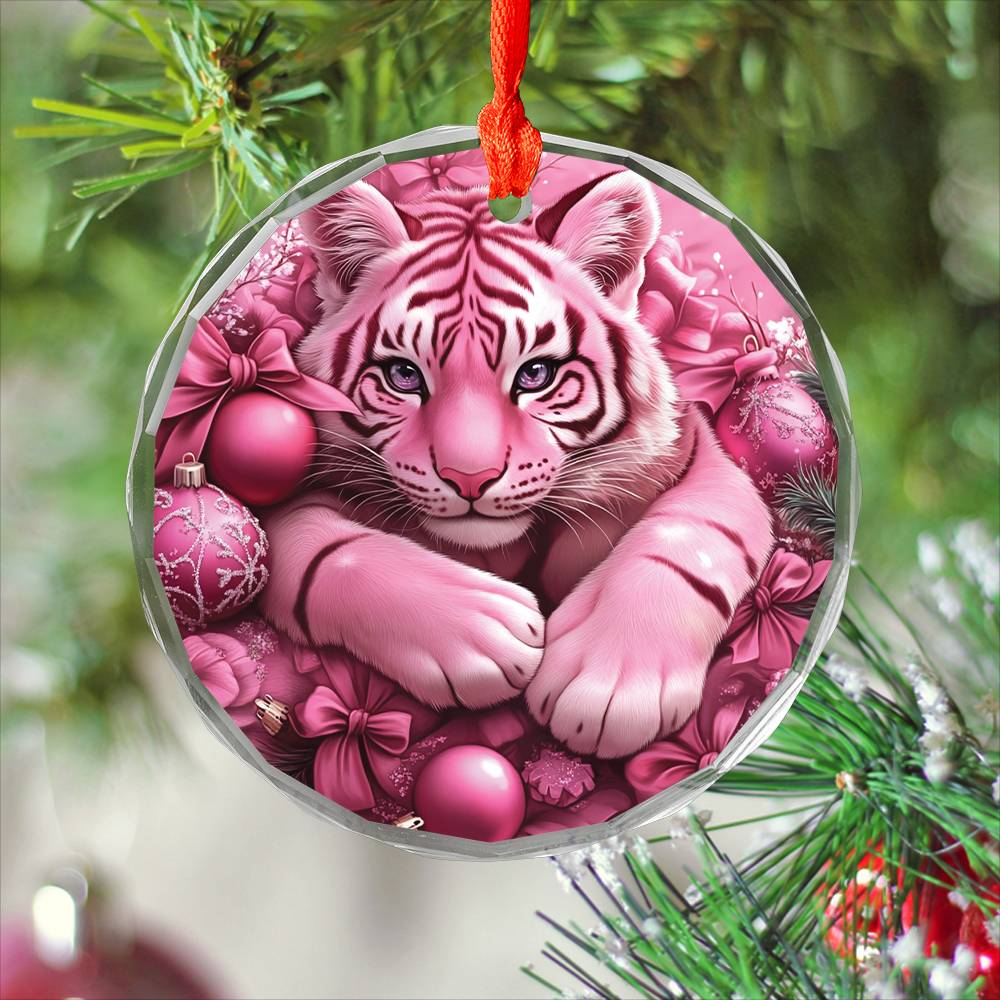 Tiger Pink Christmas Design 3 Glass Ornament