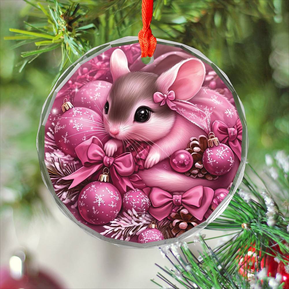 Mice Pink Christmas Design 3 Glass Ornament