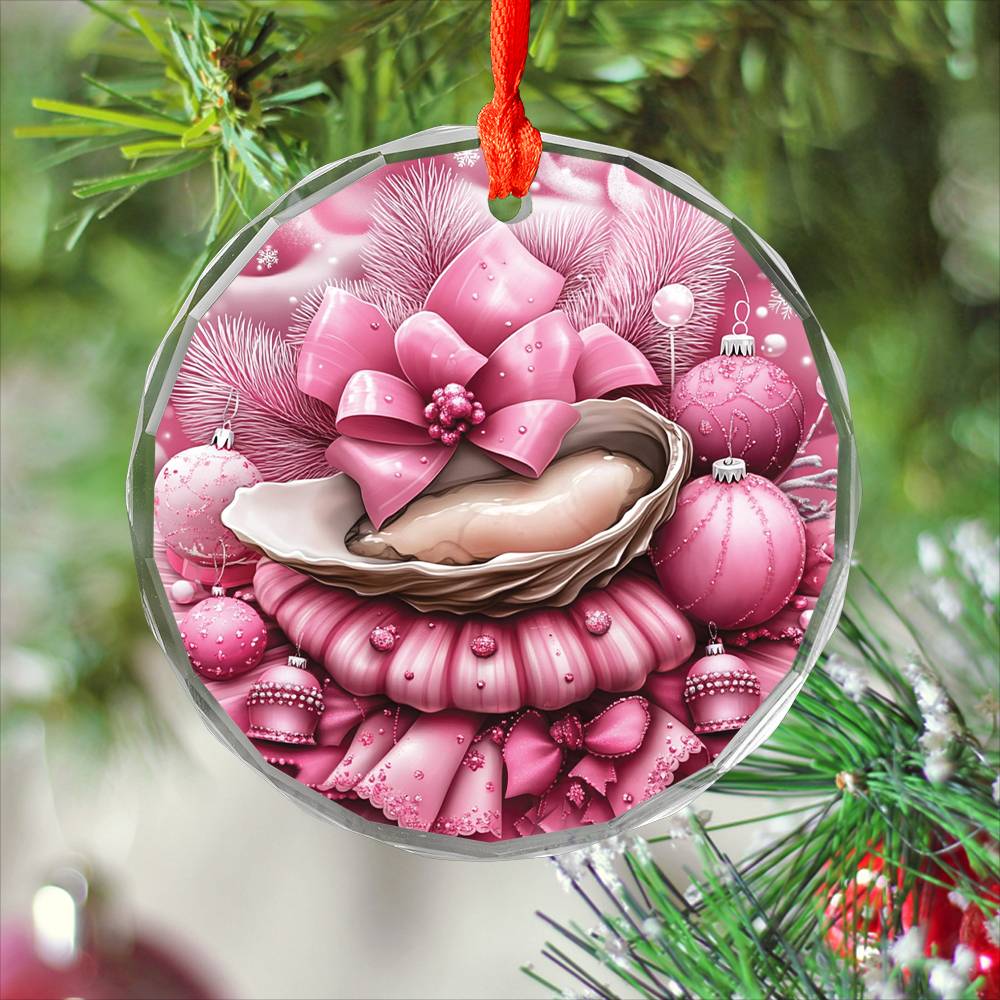 Oysters Pink Christmas Design 2 Glass Ornament