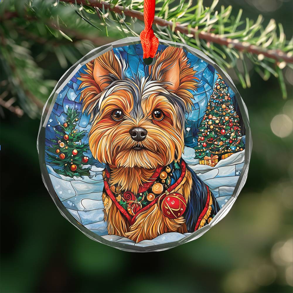 Beautiful Angus Yorkshire Terrier Dog Christmas Night Design 1 Glass Ornament