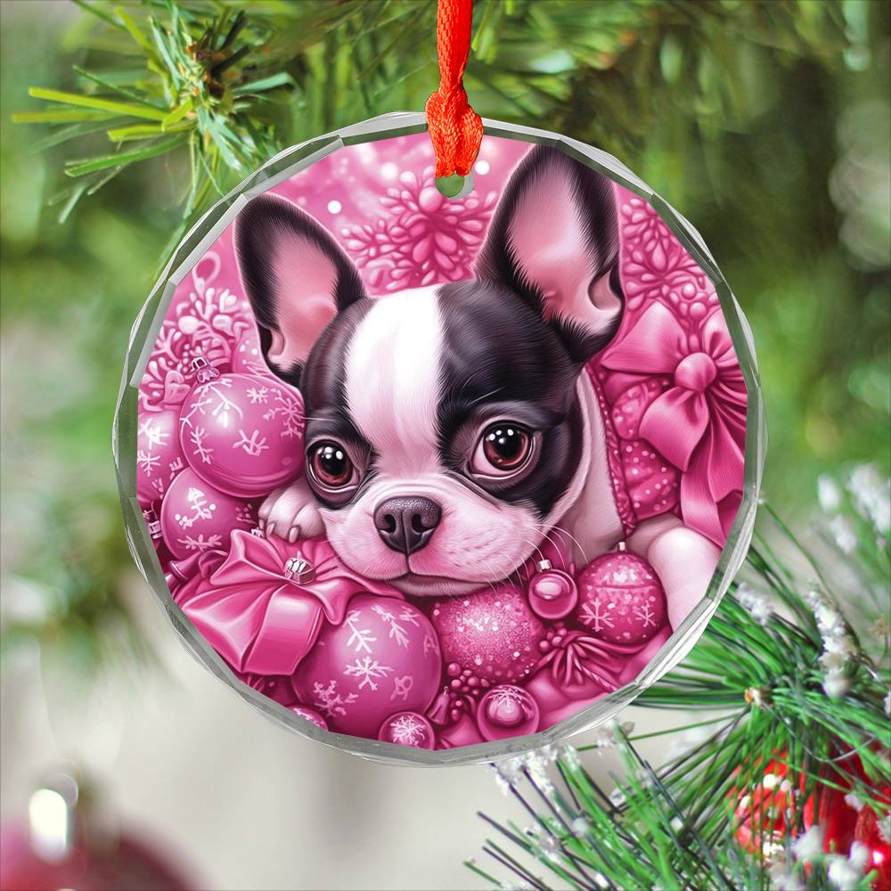 Boston Terrier Dog Pink Christmas Design 3 Glass Ornament