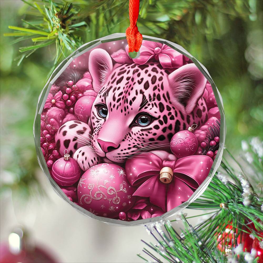Leopard Pink Christmas Design 3 Glass Ornament