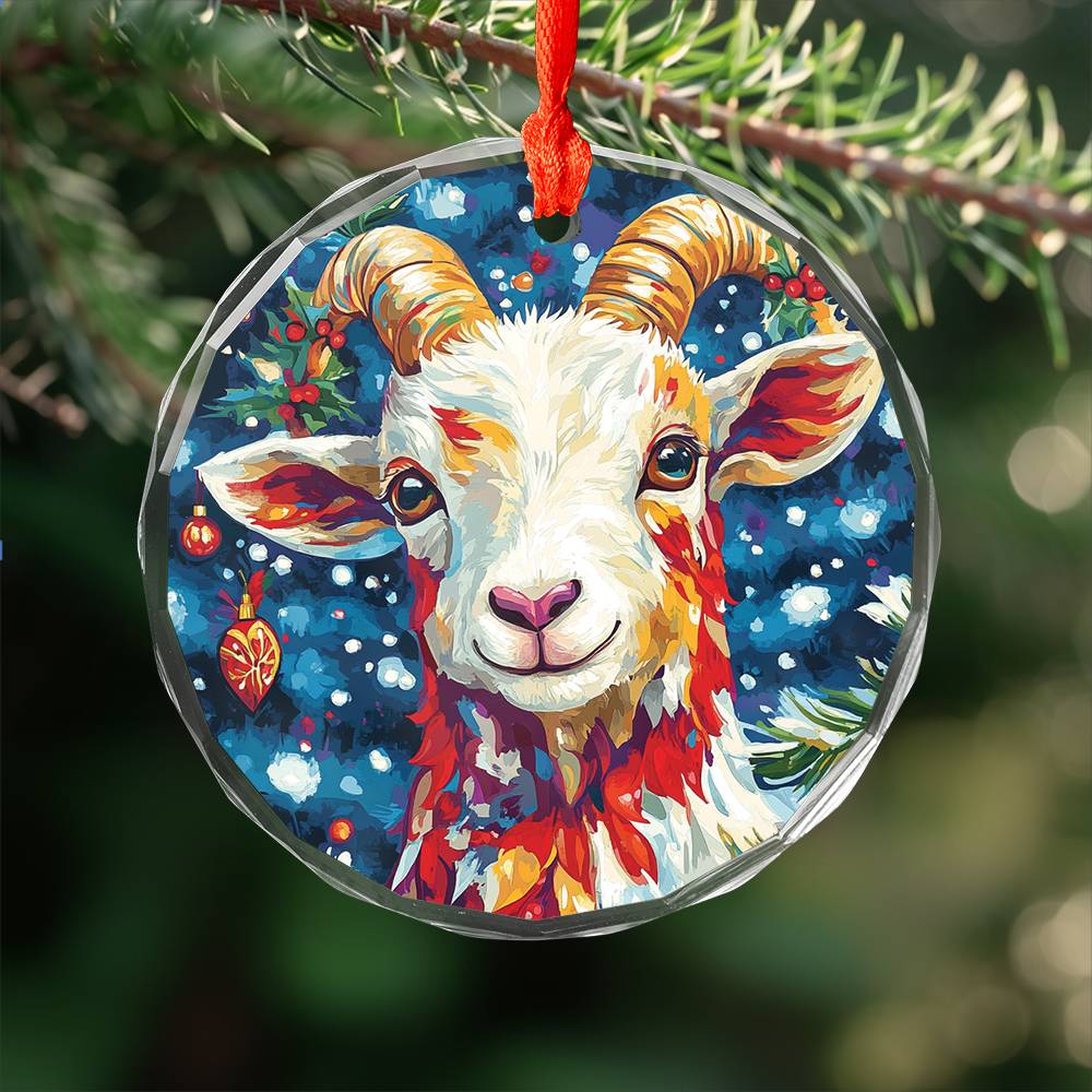 Beautiful Goat Christmas Night Design 1 Glass Ornament