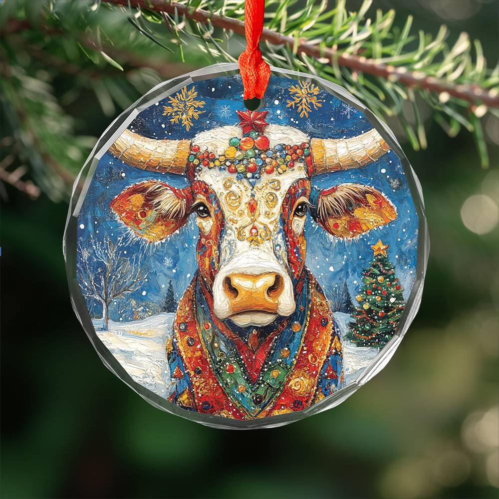 Beautiful Longhorn Cow Christmas Night Design 2 Glass Ornament