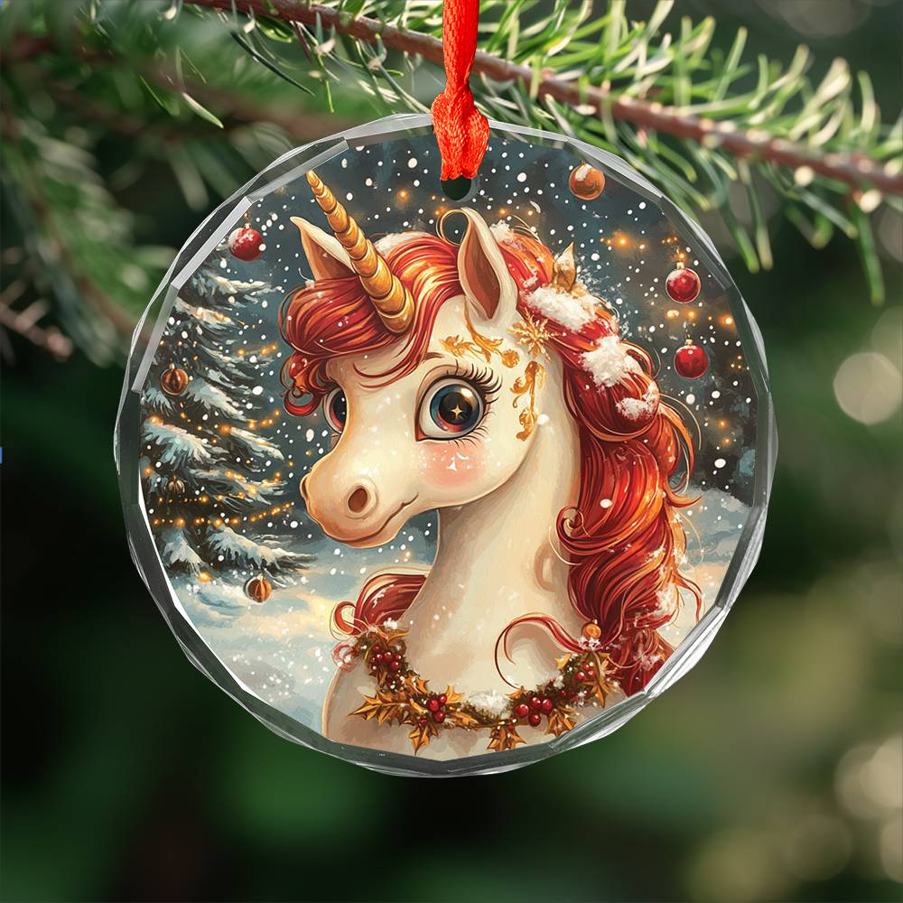 Beautiful Angus Unicorn Christmas Night Design 2 Glass Ornament