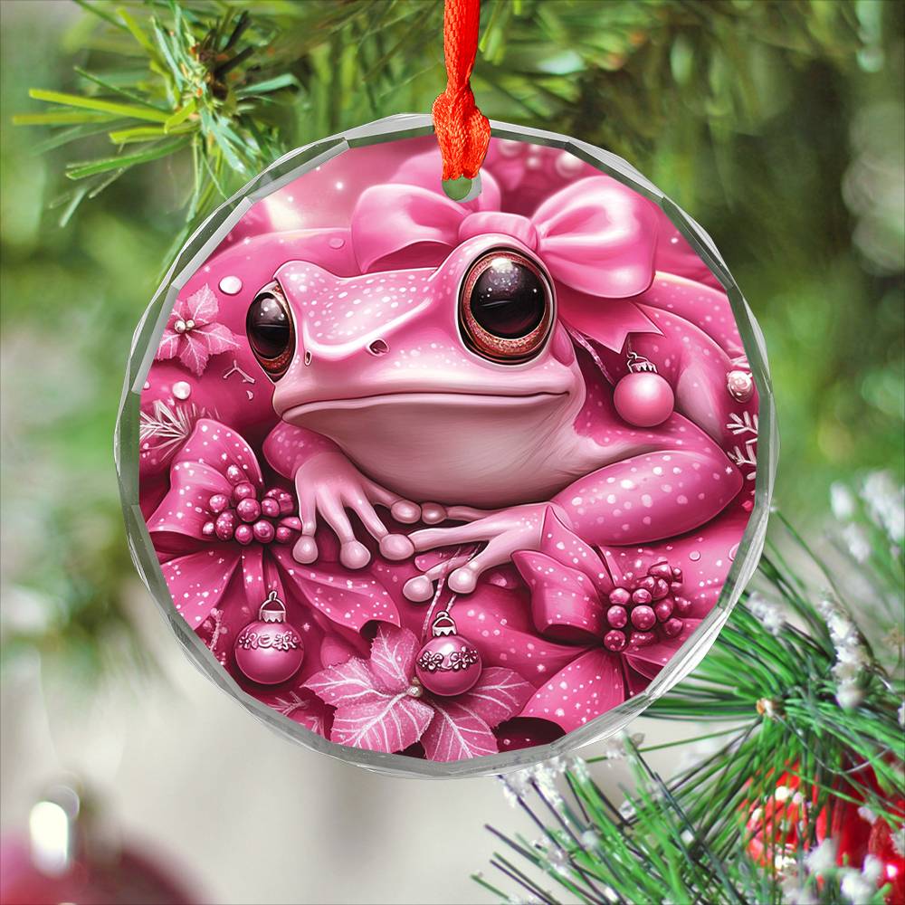 Frog Pink Christmas Design 2 Glass Ornament