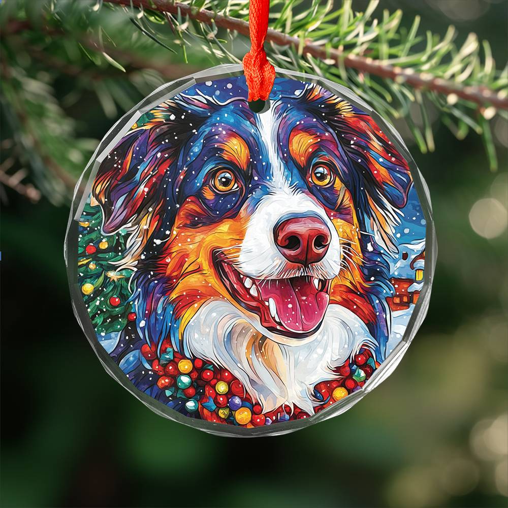 Beautiful Angus Australian Shepherd Dog Christmas Night Design 1 Glass Ornament