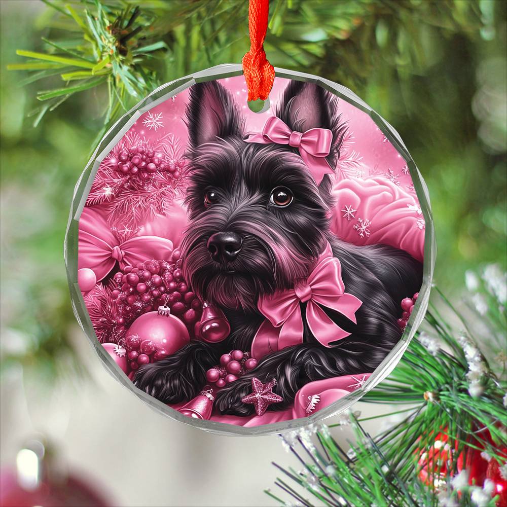Scottish Terrier Dog Pink Christmas Design 1 Glass Ornament