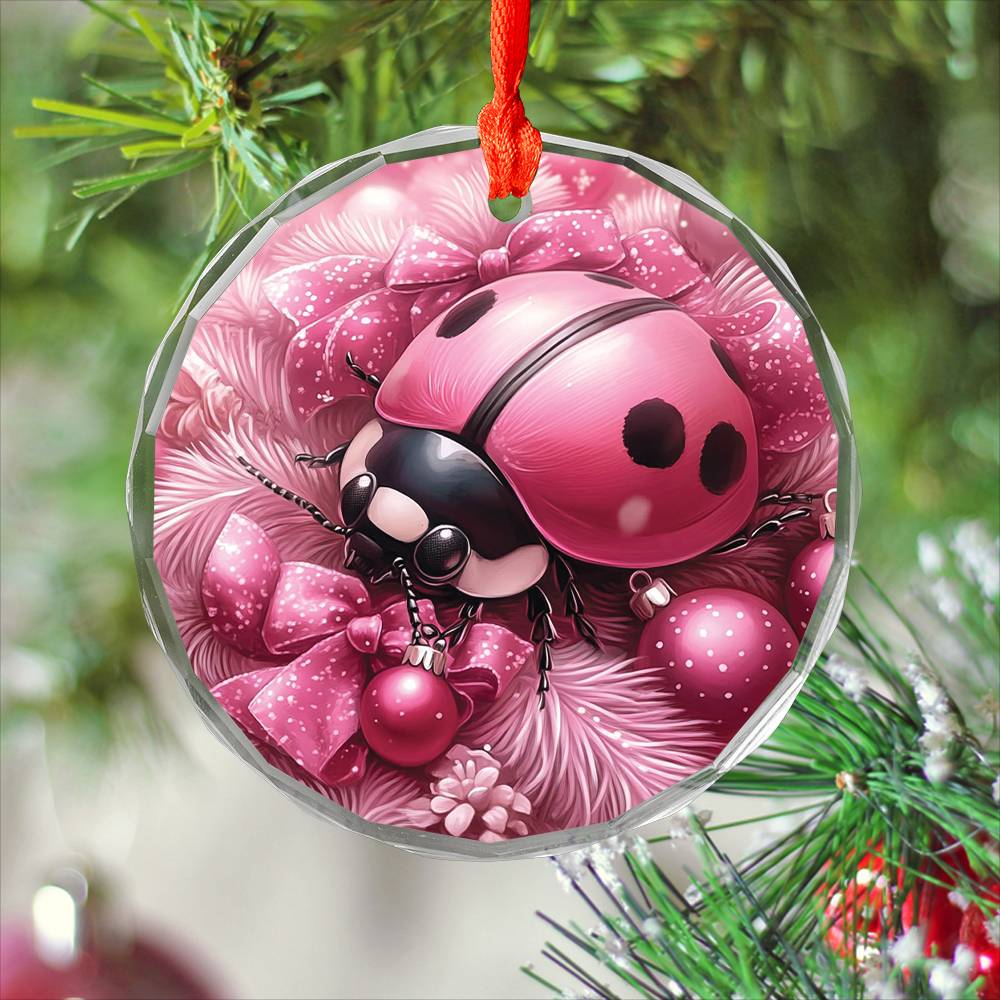 Ladybug Pink Christmas Design 1 Glass Ornament