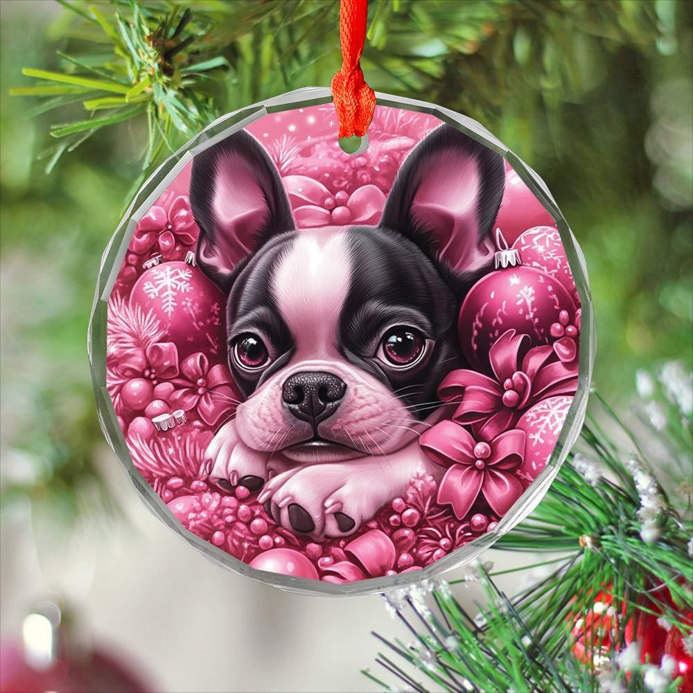 Boston Terrier Dog Pink Christmas Design 4 Glass Ornament