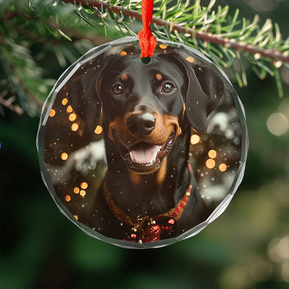 Beautiful Angus Doberman Pinscher Dog Christmas Night Design 2 Glass Ornament