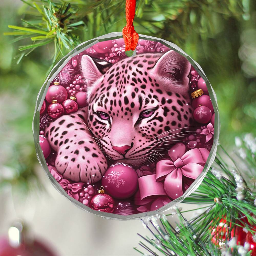Leopard Pink Christmas Design 4 Glass Ornament