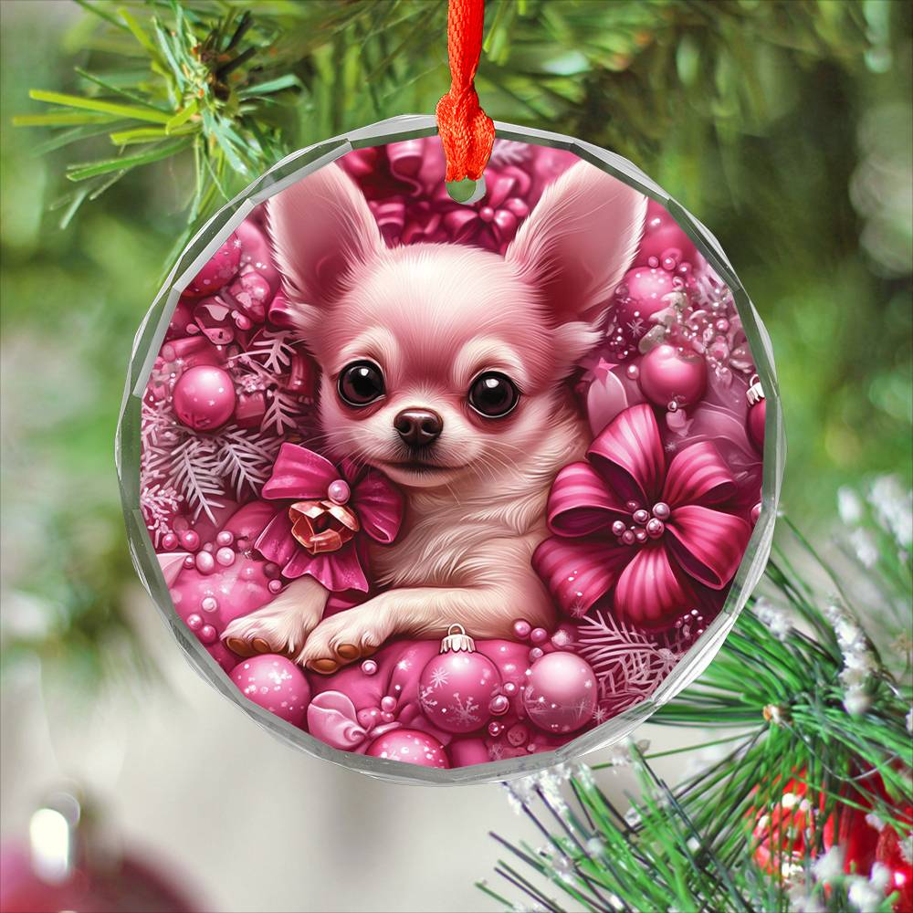 Chihuahua Dog Pink Christmas Design 4 Glass Ornament