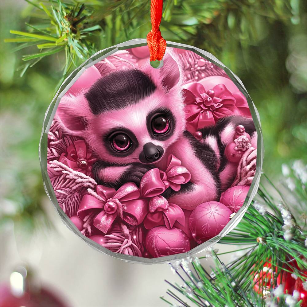 Lemur Pink Christmas Design 1 Glass Ornament