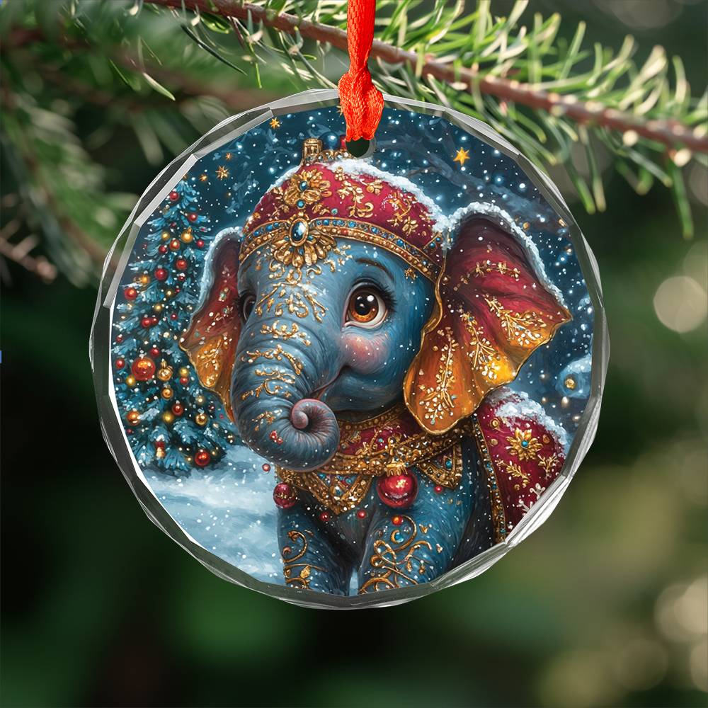 Beautiful Elephant Christmas Night Design 2 Glass Ornament