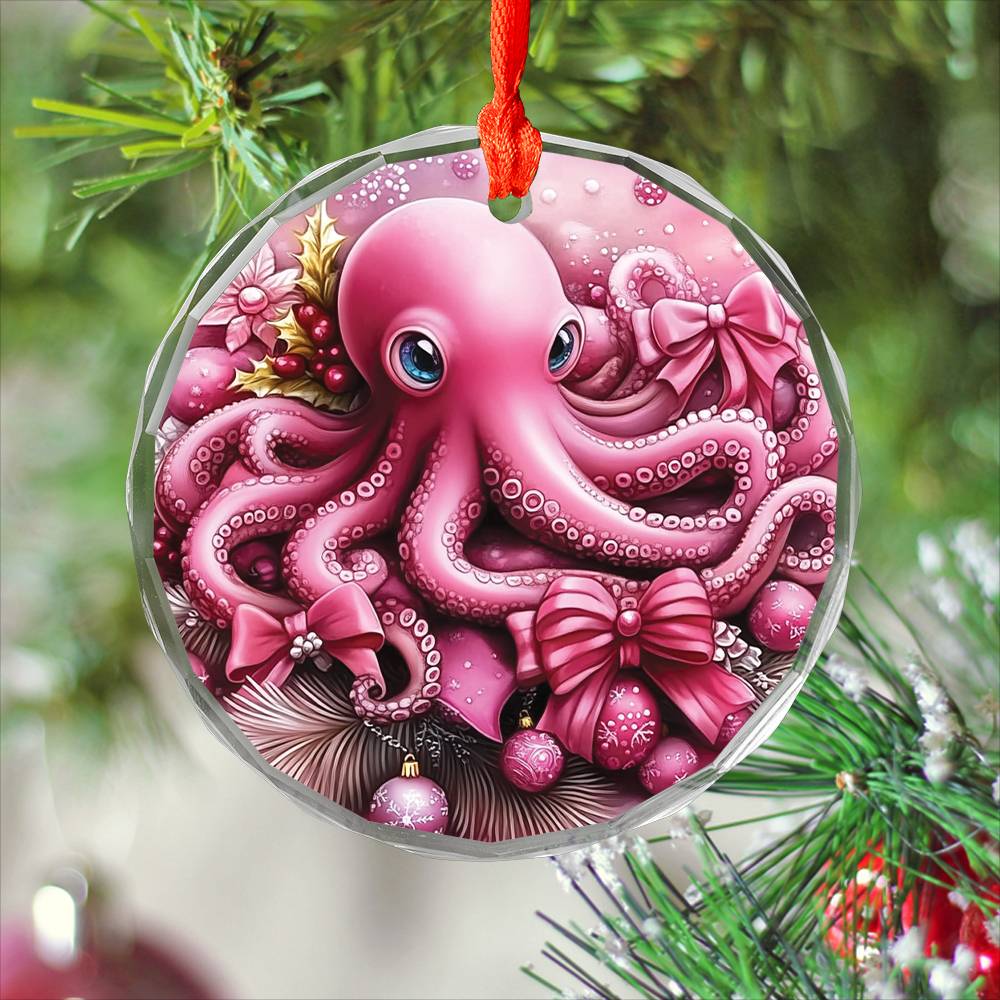 Octopus Pink Christmas Design 2 Glass Ornament