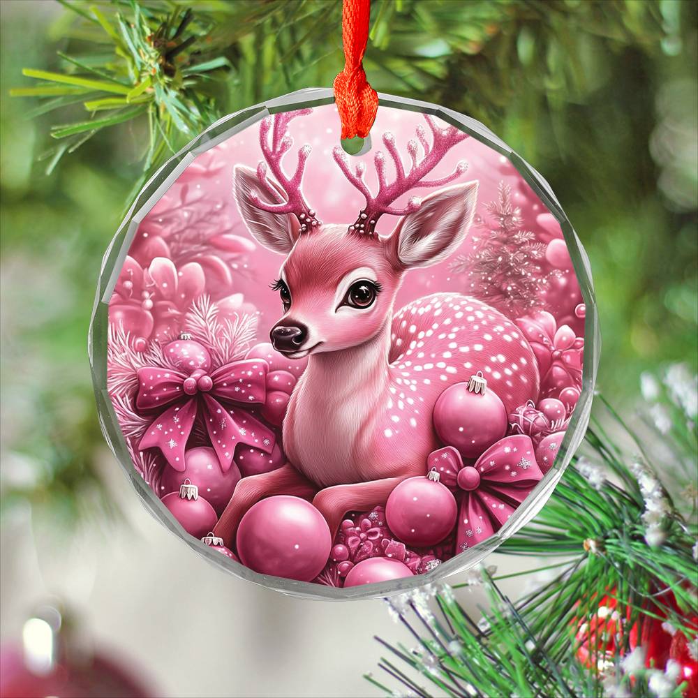 Deer Pink Christmas Design 3 Glass Ornament