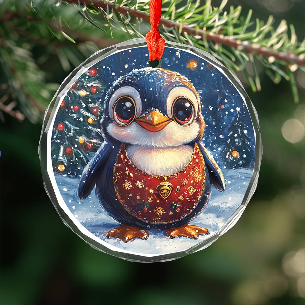 Beautiful Angus Penguin Christmas Night Design 3 Glass Ornament