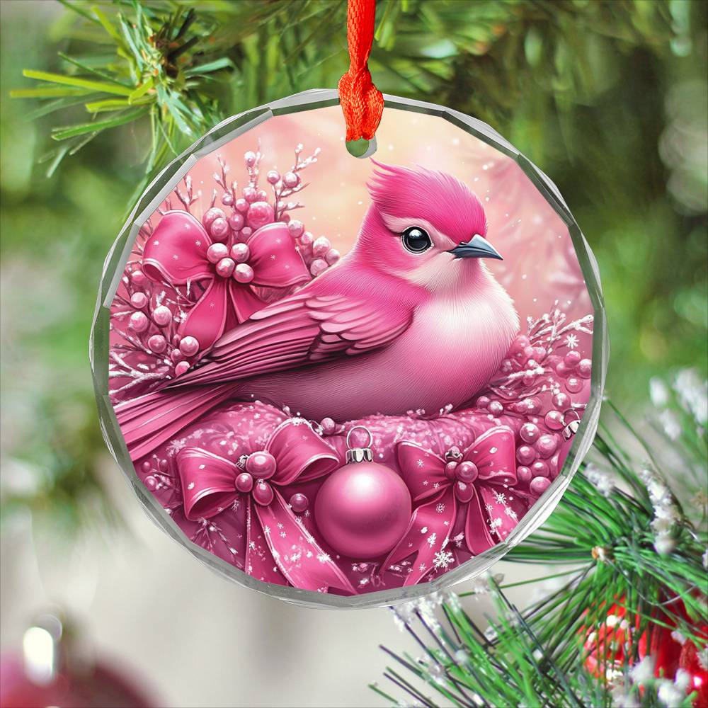 Songbird Pink Christmas Design 3 Glass Ornament