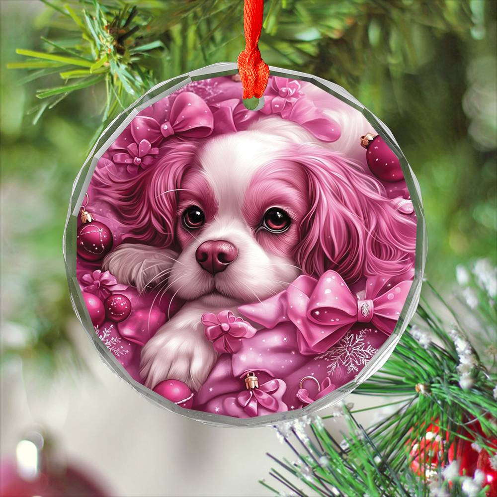 Cavalier King Charles Spaniel Dog Pink Christmas Design 1 Glass Ornament