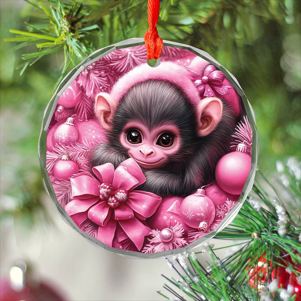 Monkey Pink Christmas Design 3 Glass Ornament