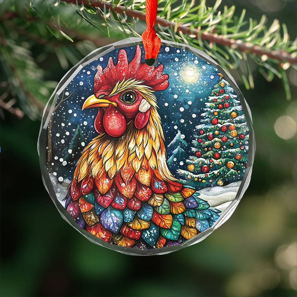 Beautiful Rooster Christmas Night Design 2 Glass Ornament