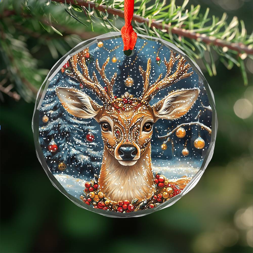 Beautiful Angus Deer Christmas Night Design 2 Glass Ornament