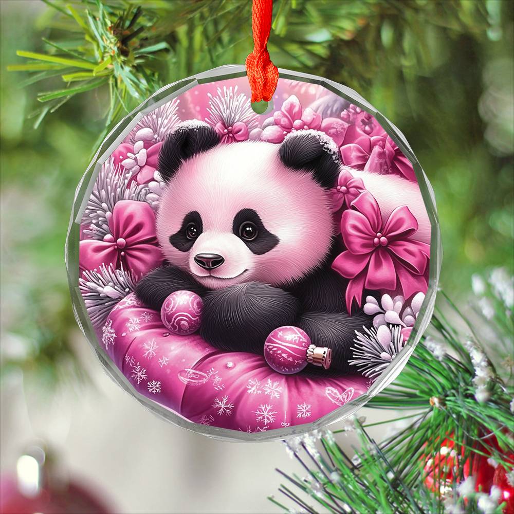 Panda Pink Christmas Design 4 Glass Ornament