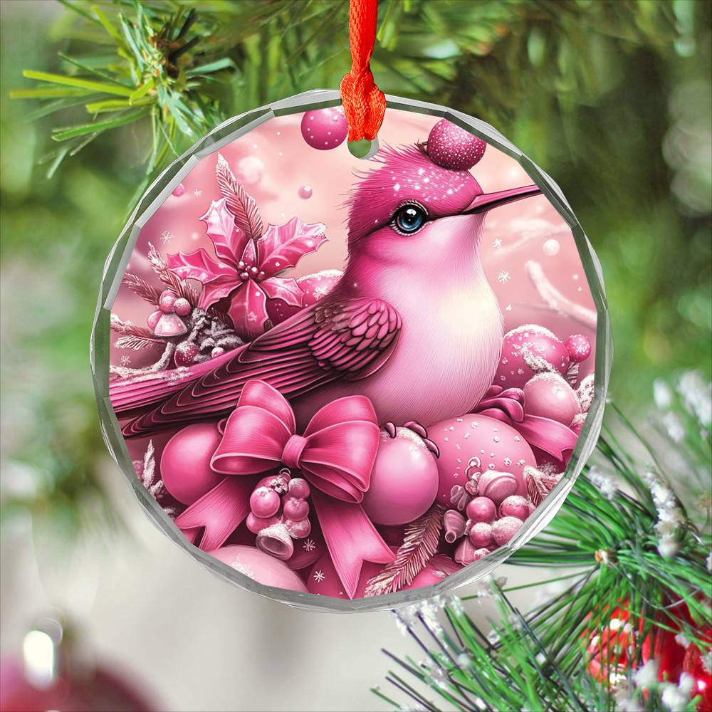 Hummingbird Pink Christmas Design 1 Glass Ornament