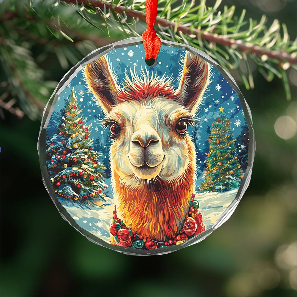 Beautiful Llama Christmas Night Design 1 Glass Ornament
