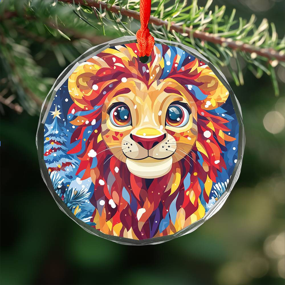 Beautiful Lion Christmas Night Design 2 Glass Ornament