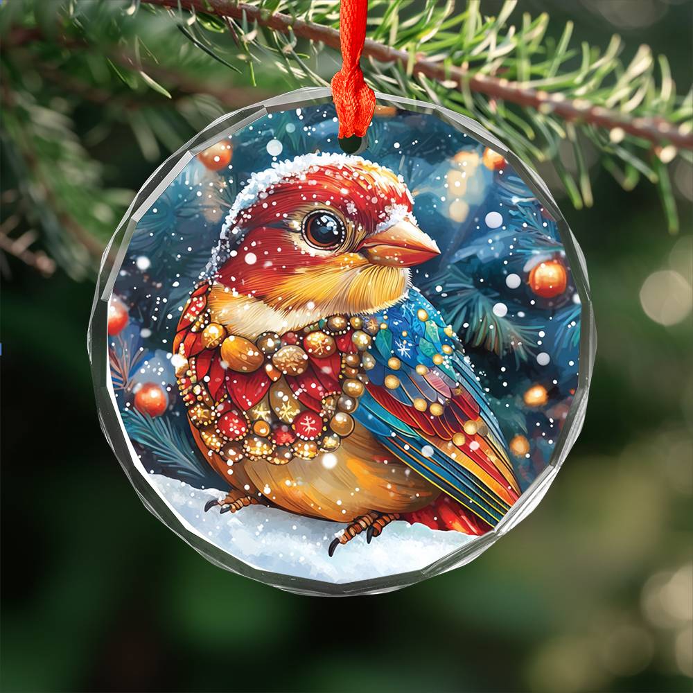 Beautiful Finch Christmas Night Design 4 Glass Ornament