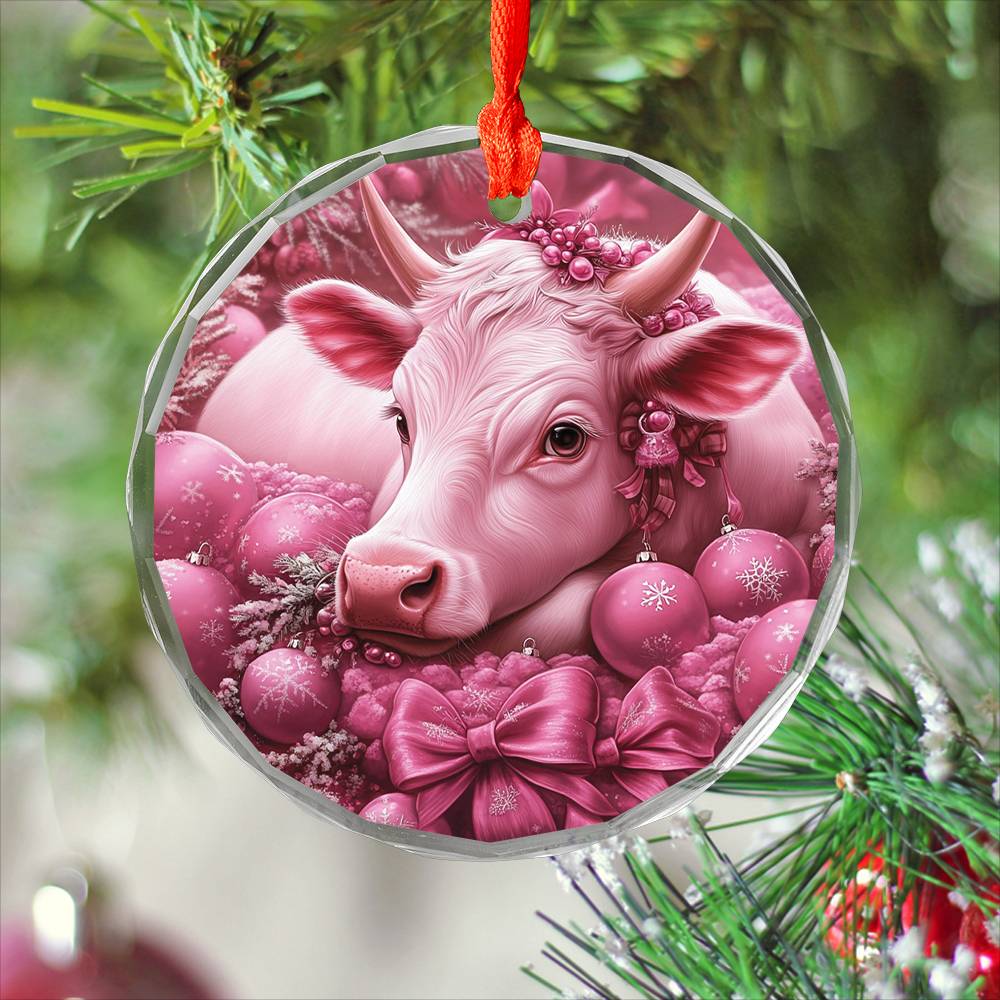 Hereford Cow Pink Christmas Design 1 Glass Ornament