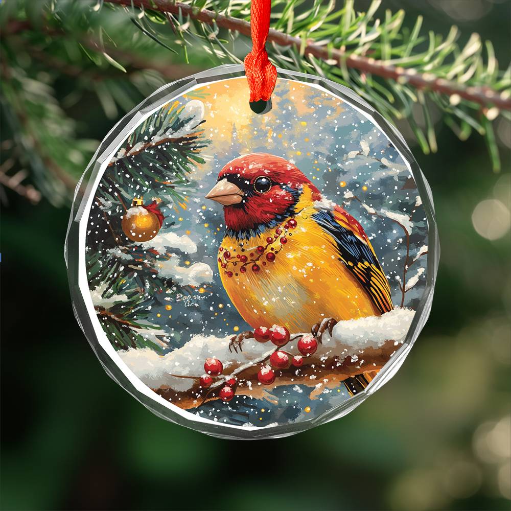 Beautiful Finch Christmas Night Design 1 Glass Ornament