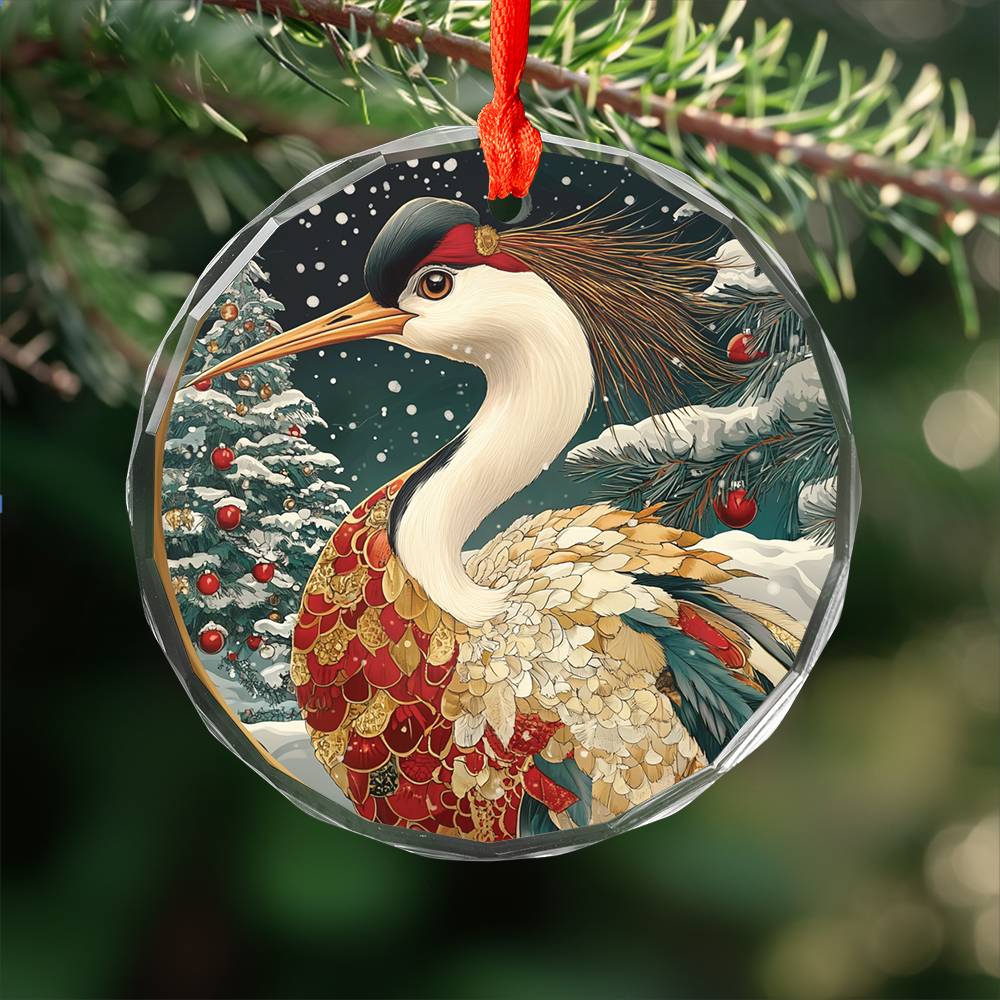Beautiful Crane Christmas Night Design 3 Glass Ornament