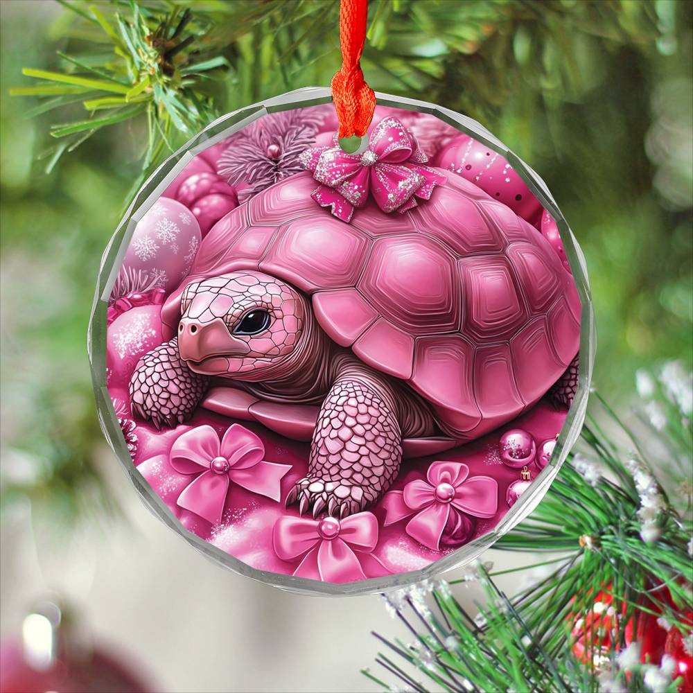 Tortoise Pink Christmas Design 3 Glass Ornament