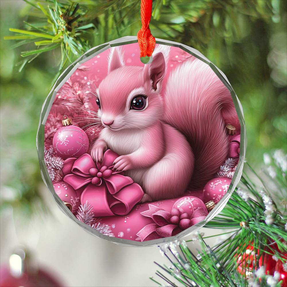 Squirrel Pink Christmas Design 2 Glass Ornament