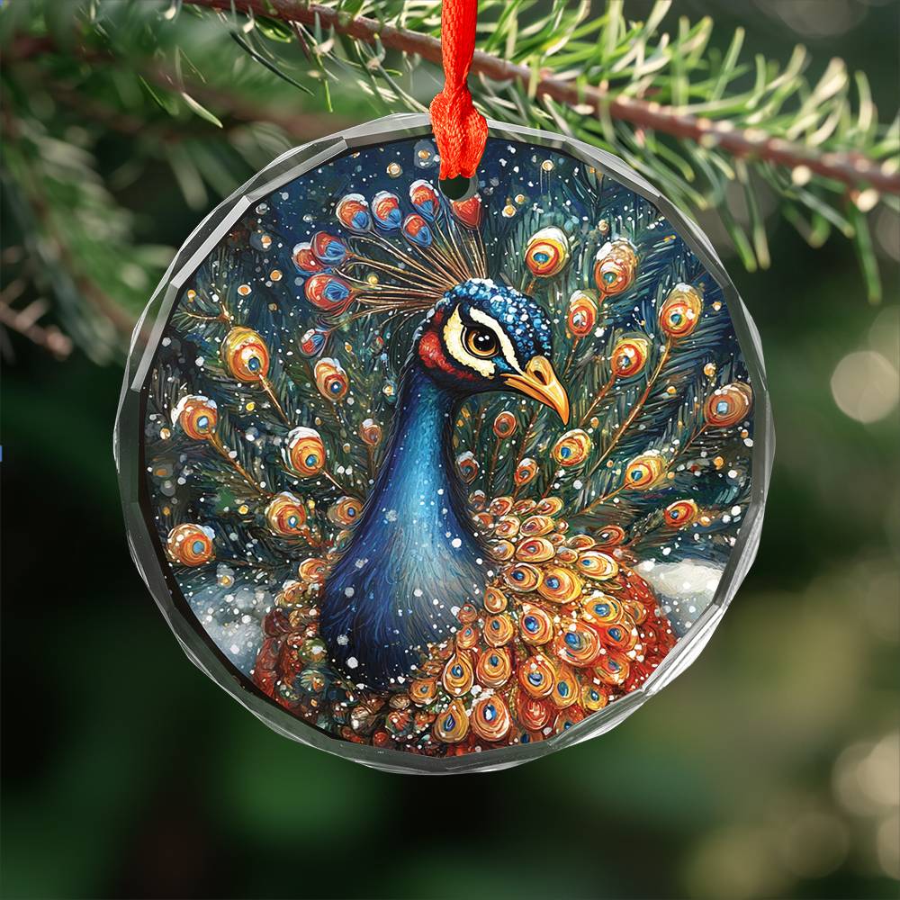 Beautiful Peacock Christmas Night Design 2 Glass Ornament