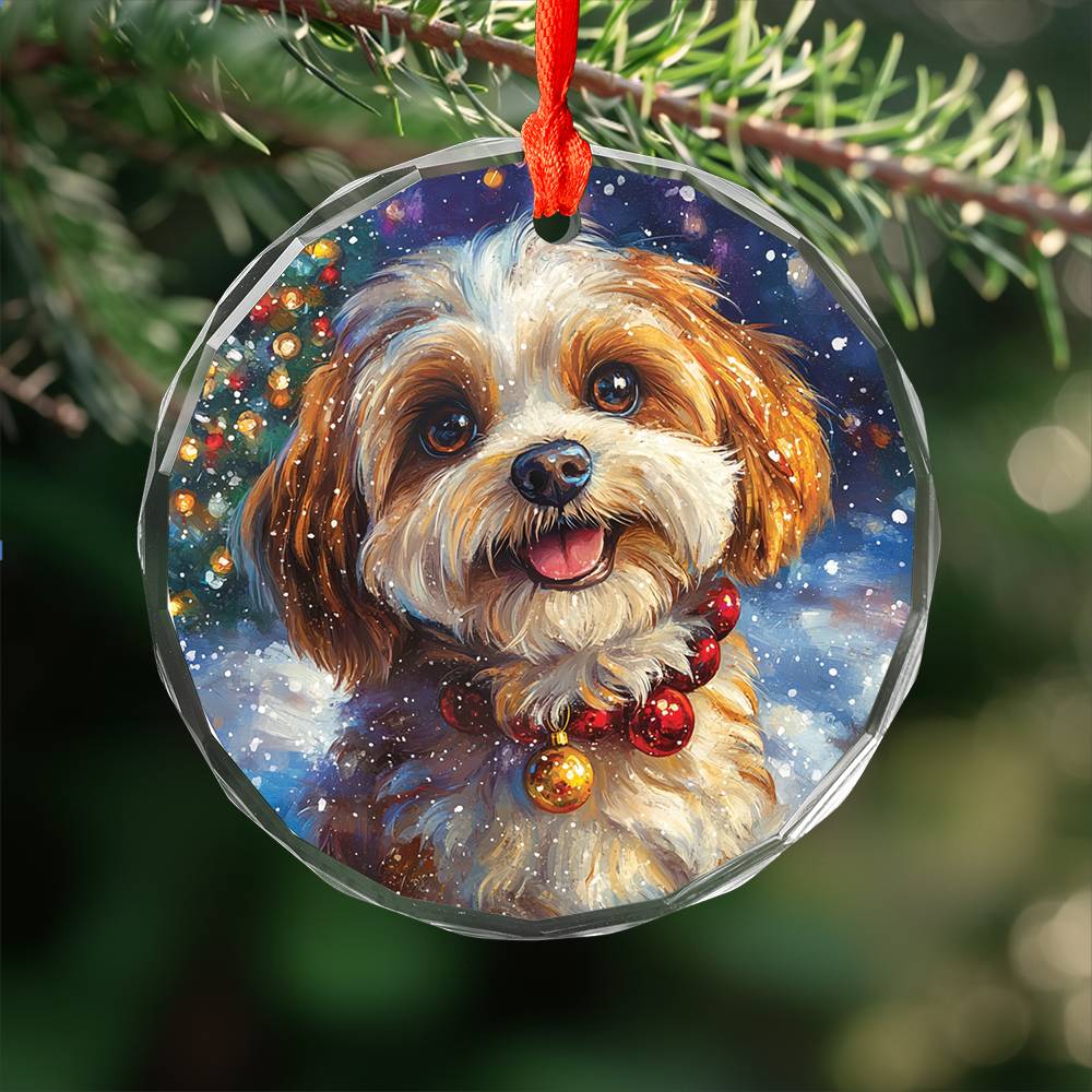 Beautiful Havanese Dog Christmas Night Design 3 Glass Ornament